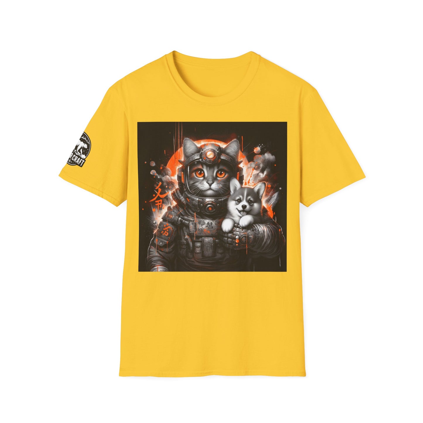 Futuristic Cat Holding Corgi - Front & Side Prints - Softstyle T-Shirt