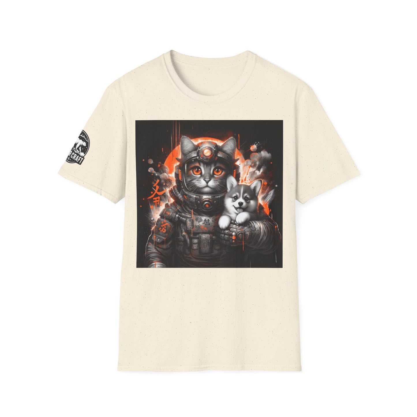 Futuristic Cat Holding Corgi - Front & Side Prints - Softstyle T-Shirt