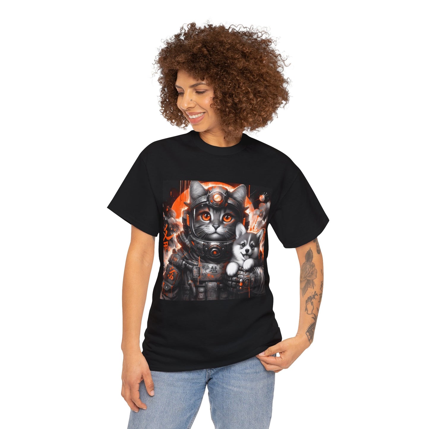 Futuristic Cat holding Corgi - One Sided - Black