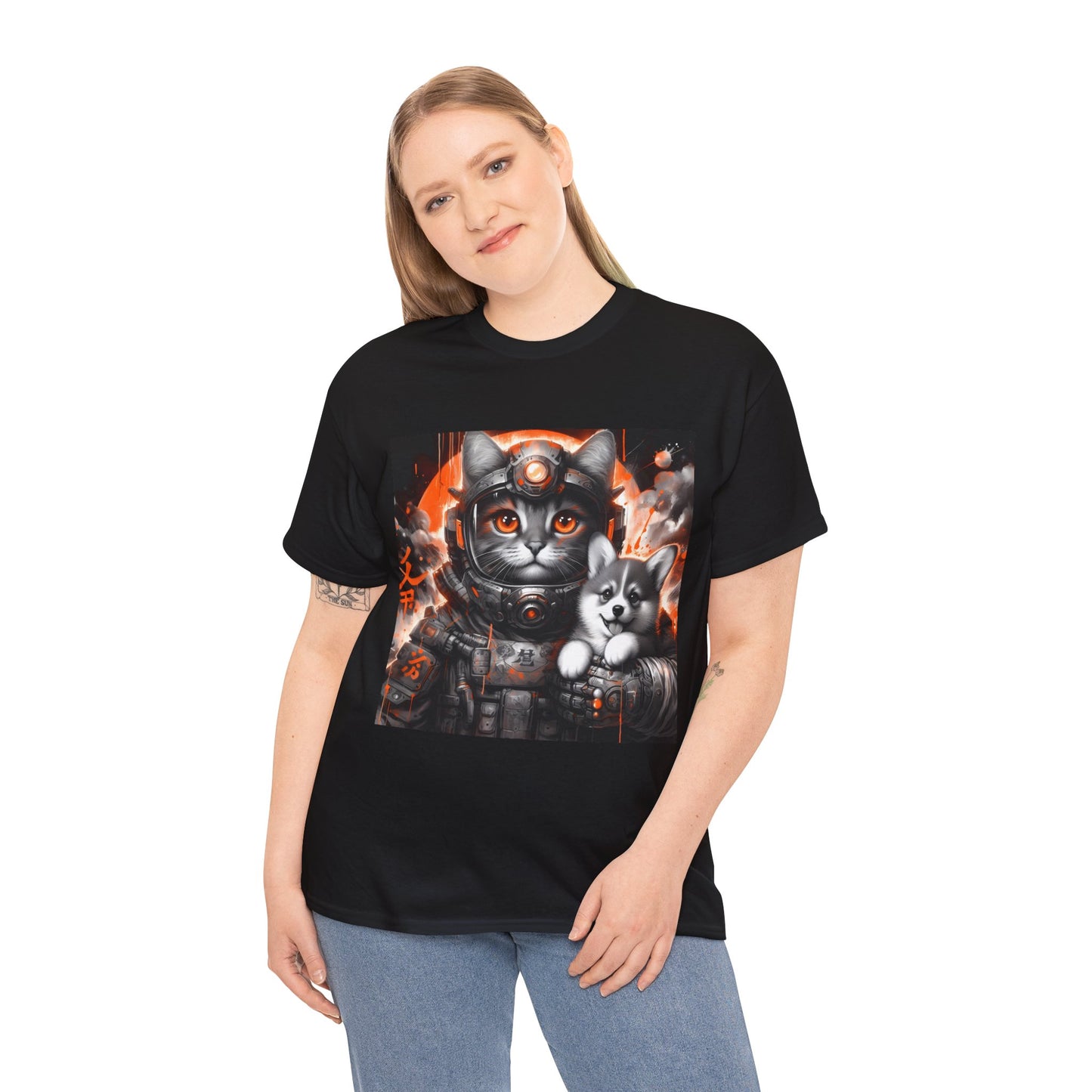 Futuristic Cat holding Corgi - One Sided - Black