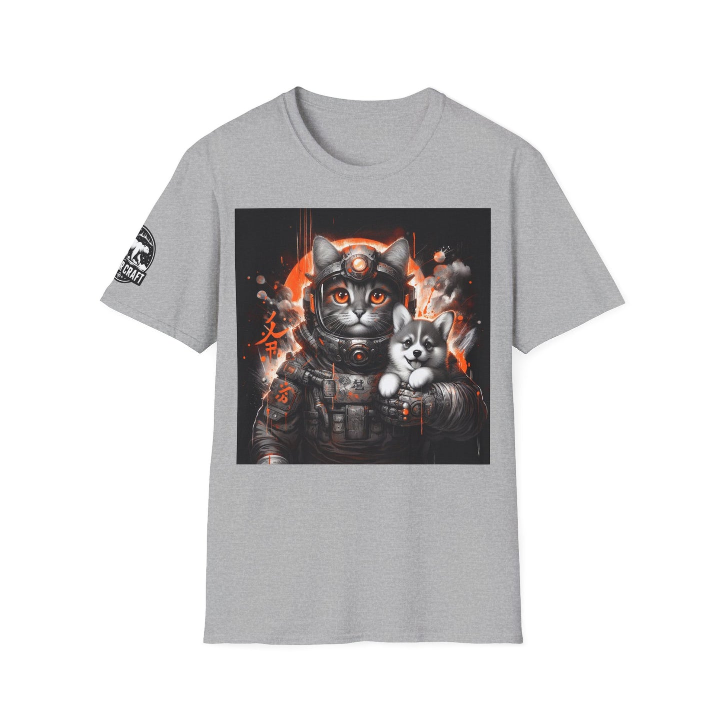 Futuristic Cat Holding Corgi - Front & Side Prints - Softstyle T-Shirt